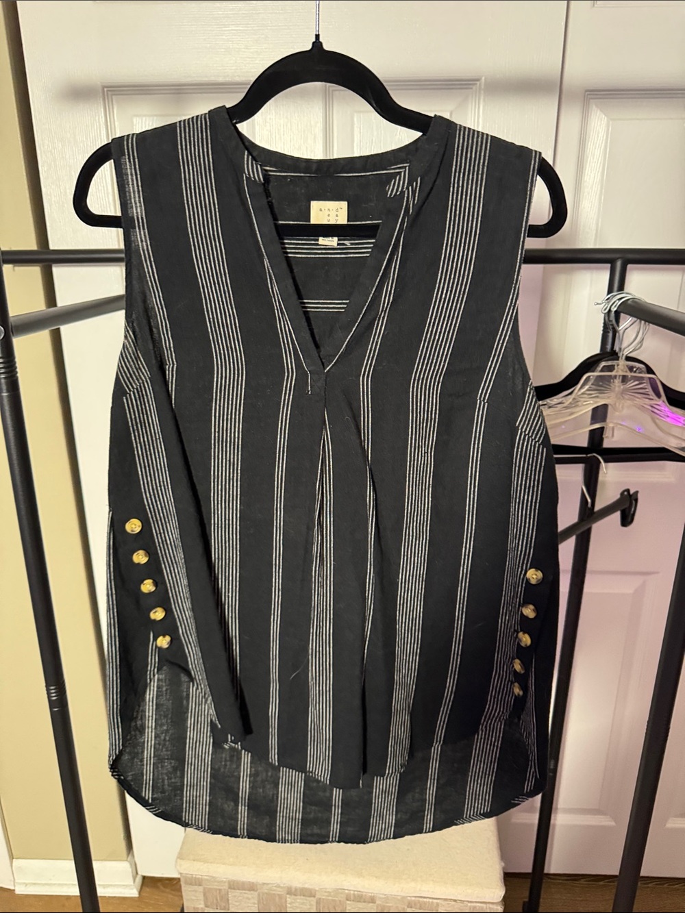 a new day Black Striped V-Neck Sleeveless Top with Gold Buttons